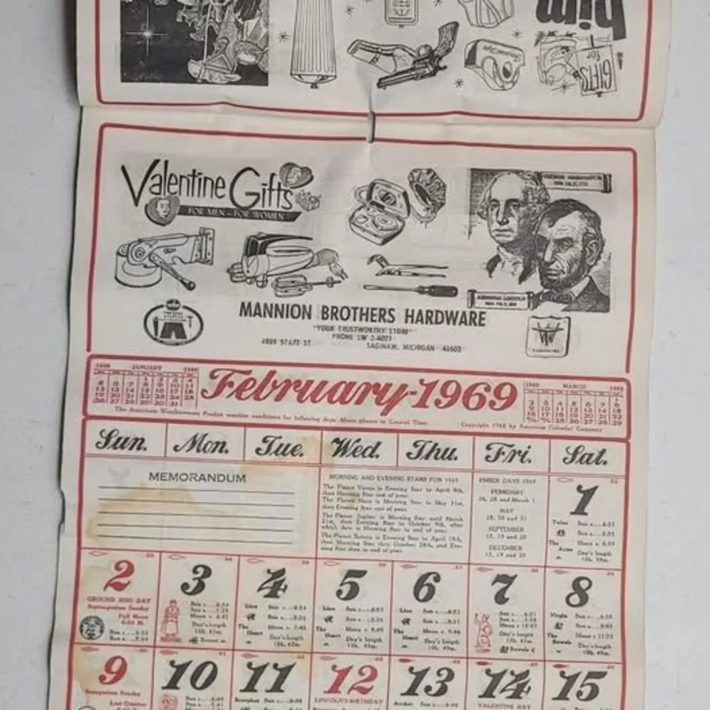 Vintage 1969 Mannion Brothers Hardware Calendar